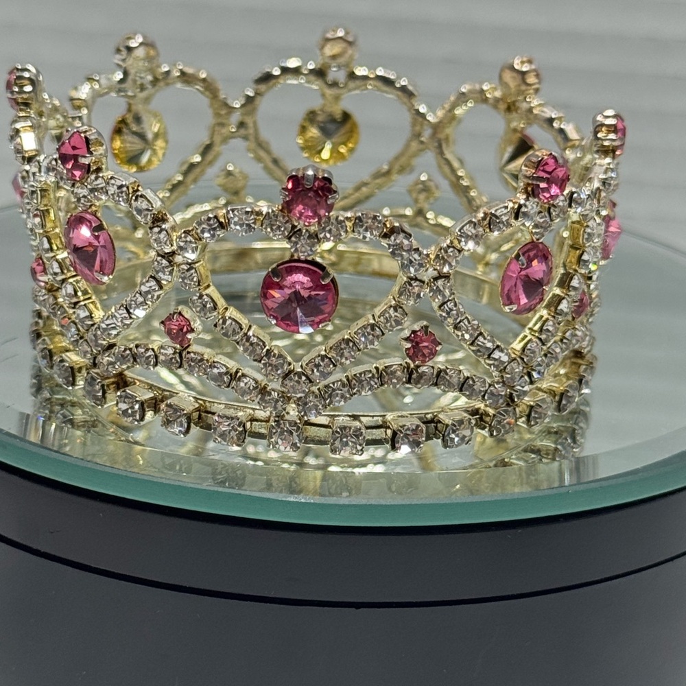 Tiara Crown rhinestones heart shaped with hot pink accent 4 prongs for hair pin